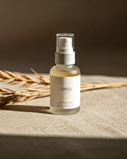 A premium glass serum bottle with a minimalist label for Lumina Skincare
